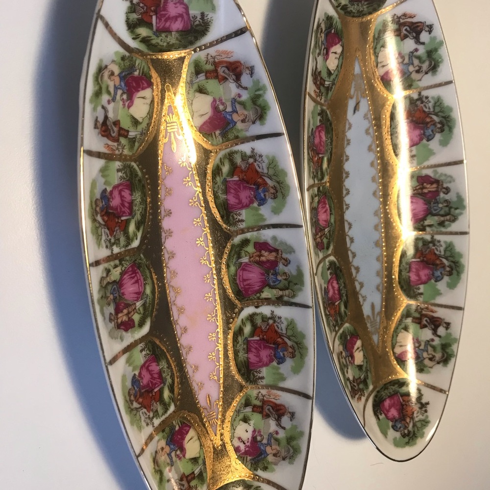 2- Vintage Royal Vienna "Courting dish tray 1102 Porcelain Relish Dish 10"